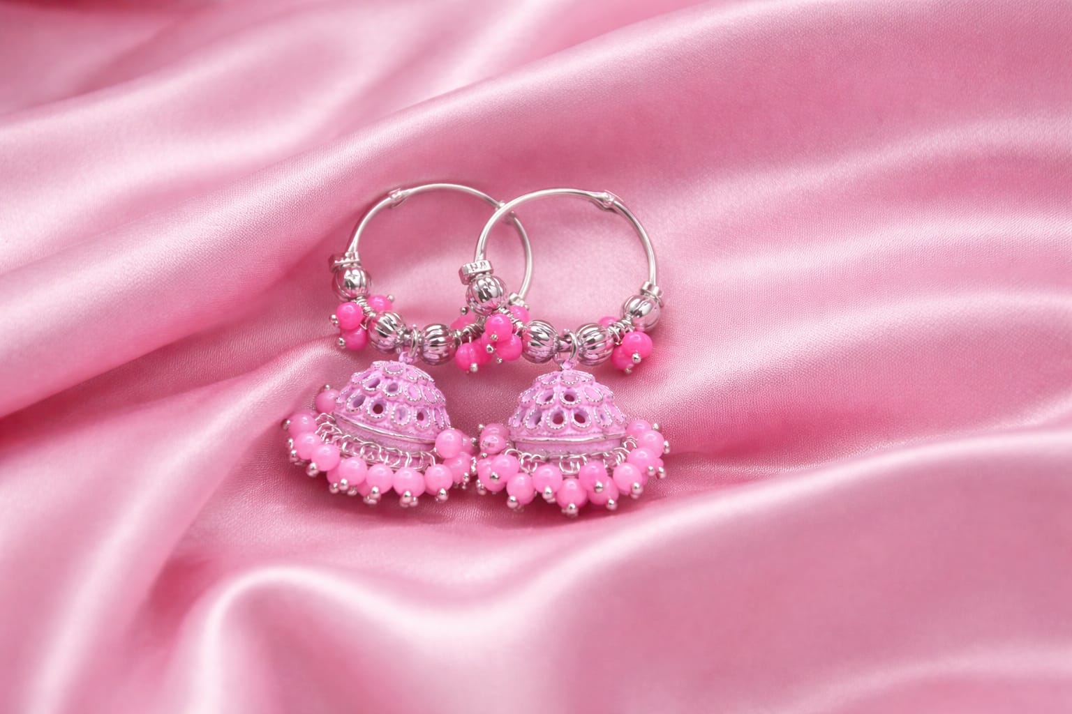 pink beaded royal jhumki hoops pink beaded royal jhumki hoops
