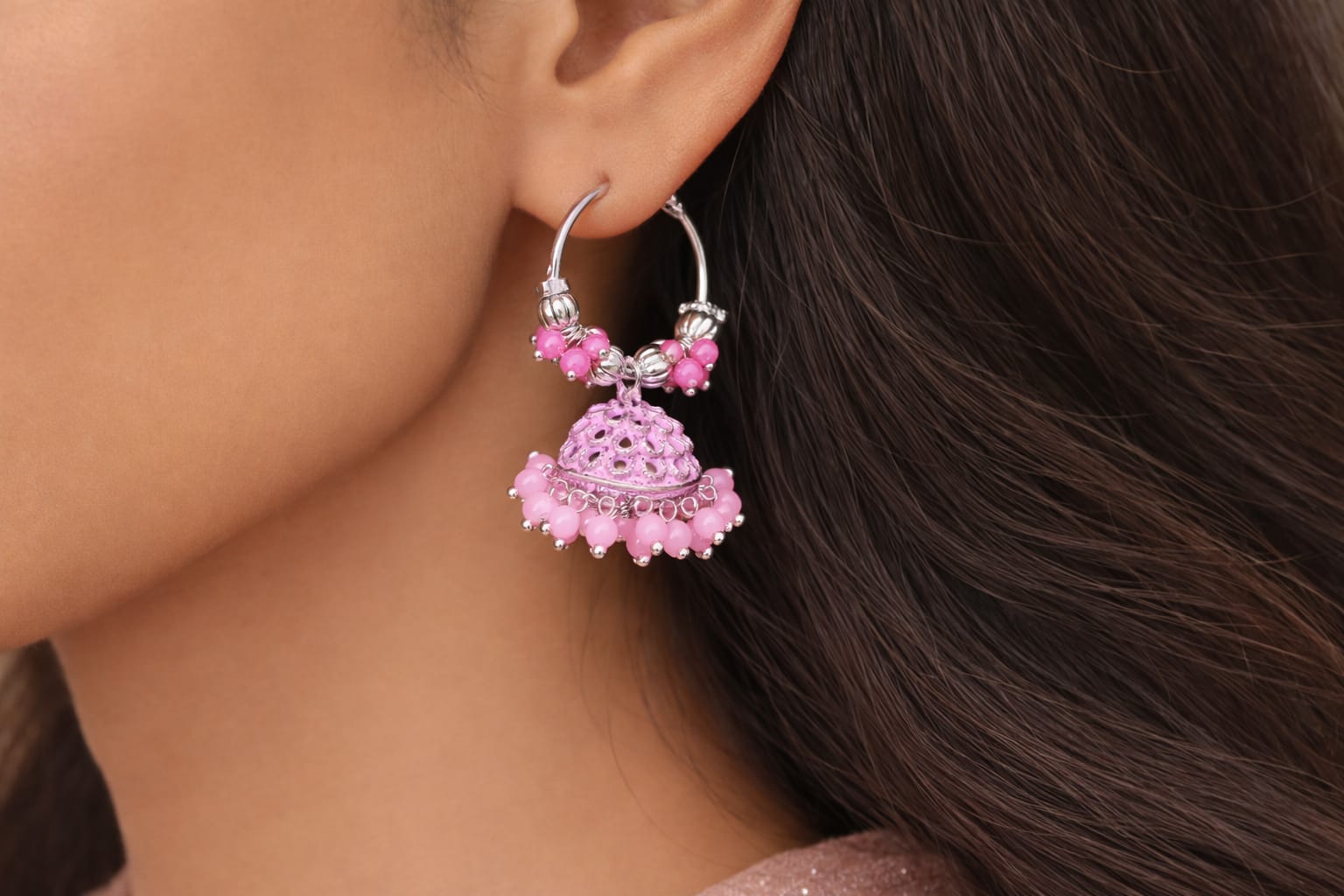 pink beaded royal jhumki hoops pink beaded royal jhumki hoops